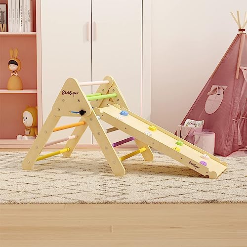 BanaSuper 2 IN 1 Kinder Regenbogen Kletterdreieck mit Rampe Set Kleinkind Holz Indoor Klettergerüst Montessori Spielzeug für Kinder