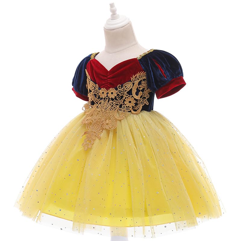 Girls Princess Dress, Girls Blue and Yellow Velvet Deluxe Lace Embroidered Ball Gown2