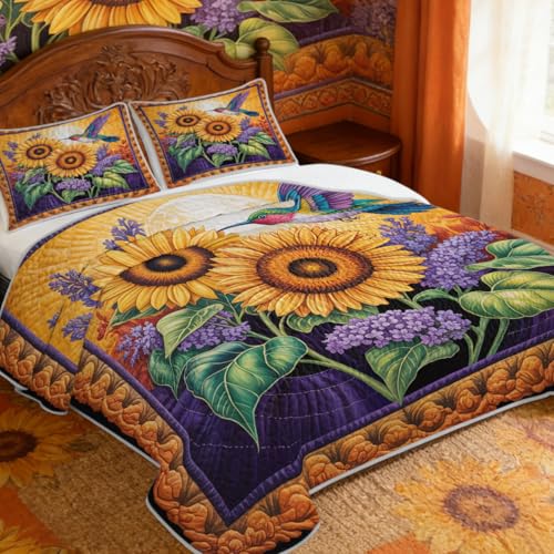 Sunflower Quilt Set King 3 Pieces Hummingbird Floral Bedding Bright