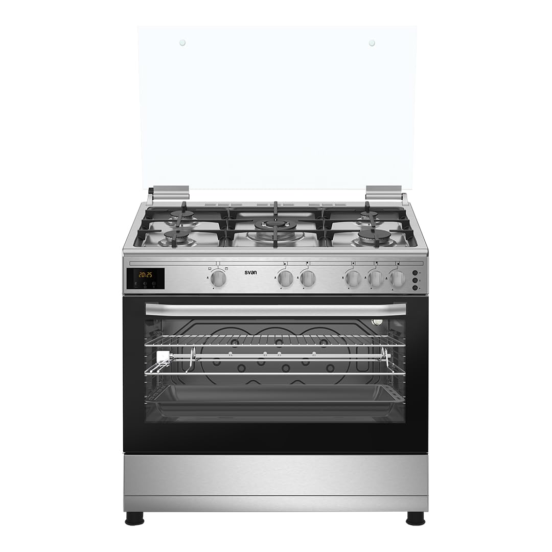 Svan Cocina Gas Butano 5 Zonas de Cocción, Horno 96 L, Inox SKGW5902X. Control Manual, Quemador WOK triple llama, 2 Programas de Cocción, Cristal en Puerta de Doble Capa, Tapa Abatible
