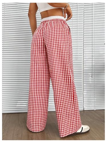 WDIRARA Women's Gingham Baggy Pants High Waisted Plaid Drawstring Trousers Casual Bottoms2