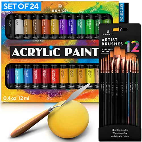 Complete Acrylic Paint Set – 24Х Rich Pigment Colors – 12X Art Brushes With Bonus Paint Art Knife & Sponge – For Painting Canvas, Clay, Ceramic & Crafts, Non-Toxic & Quick Dry – For Kids & Adults #TOP4