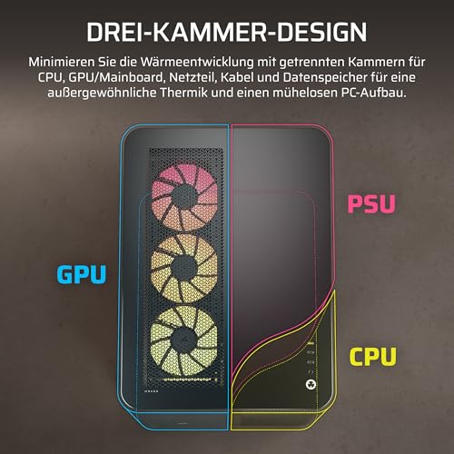 CORSAIR AIR 5400 RS-R ARGB Dreifach-Kammer-Mid-Tower PC-Gehäuse – Schwarz – Ansicht 3