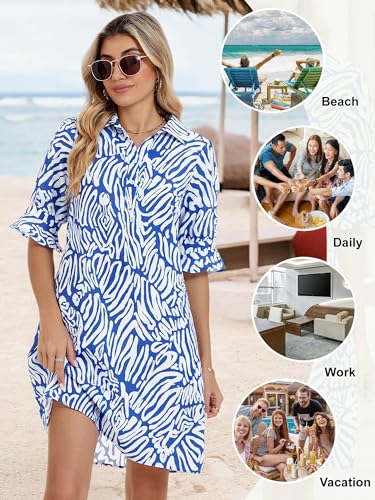 Image of FENSACE Womens Casual Shirt Dress Ruffle Sleeve Button Down Shift Summer Dresses with Pockets