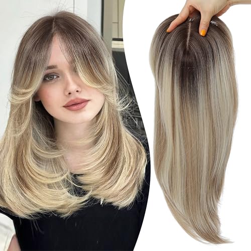 Image of Synthetic Hair Topper with Bangs 18 Inch Layered Toppers for Women with Thinning Hair 5.5 inch x 5 inch hand Tied Forehead Hairline 360 3D Cover Wispy Synthetic Toppers Hair for Women Fiber Wiglets