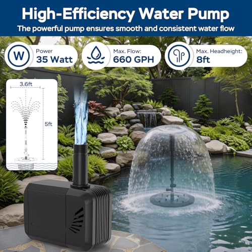 VCRAZE Floating Pond Fountain Pump with Lights | Remote Control RGB LED | 660GPH Pond Fountain Aerator | Floating Fountain with 3 Spray Patterns | for Ponds, Pool, Water Garden
