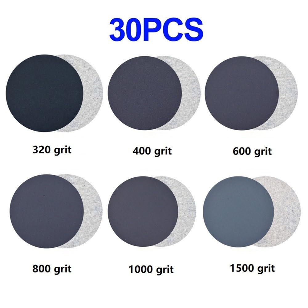 Lot de 30 disques abrasifs Auto-agrippants de 7,6 cm, Grains 320, 400, 600, 800, 1 000 et 1 500, pour meulage à Sec et Humide, 3 Pouces