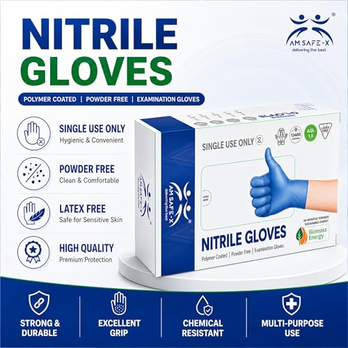 Image of AM Safe X Powder Free Blue Nitrile Gloves for Hands 80pcs | Food Grade Heavy Duty Disposable Multipurpose Gloves | Single Use | Cleaning, Kitchen, Tattoo, Salon, Automotive & Examination Gloves Small