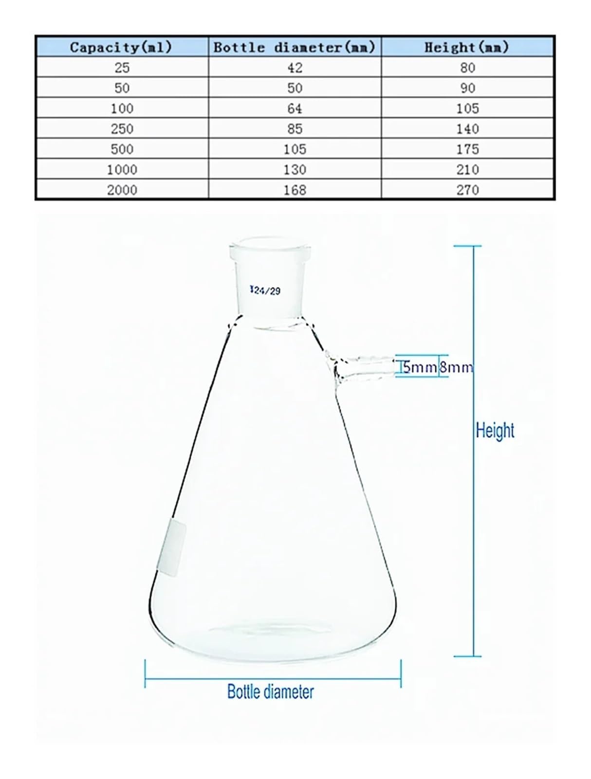 matraz de fondo redondo， Matraz de succión de vidrio for filtración al vacío con boquilla superior, calibre 19/24, 25 ml-2000 ml, for uso en laboratorio(500ml caliber24)