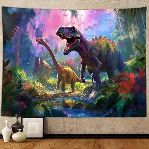 Sanzugh Dinosaur Decor Poster Tapestry for Boys Bedroom Room, Cool Ancient Animal T-Rex Forest Art Tapestries Wall Hanging Decals Backdrop for College Dorm Funny Children Kids Girls Party 80X60 Cover