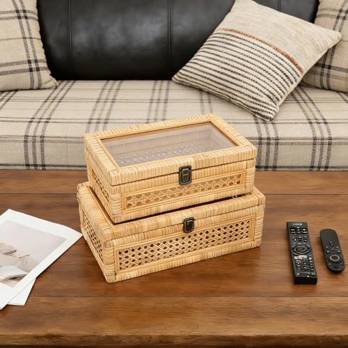 DECOR4SEASON Rattan and Cane Display Boxes with Glass Lid - Set of 2 Stackable Storage Organizers with Snag-Free Solid Wood Base - Boho Rustic Farmhouse Decor for Jewelry, Remotes, and Keepsakes by DECOR4SEASON - Used condition - Image 8