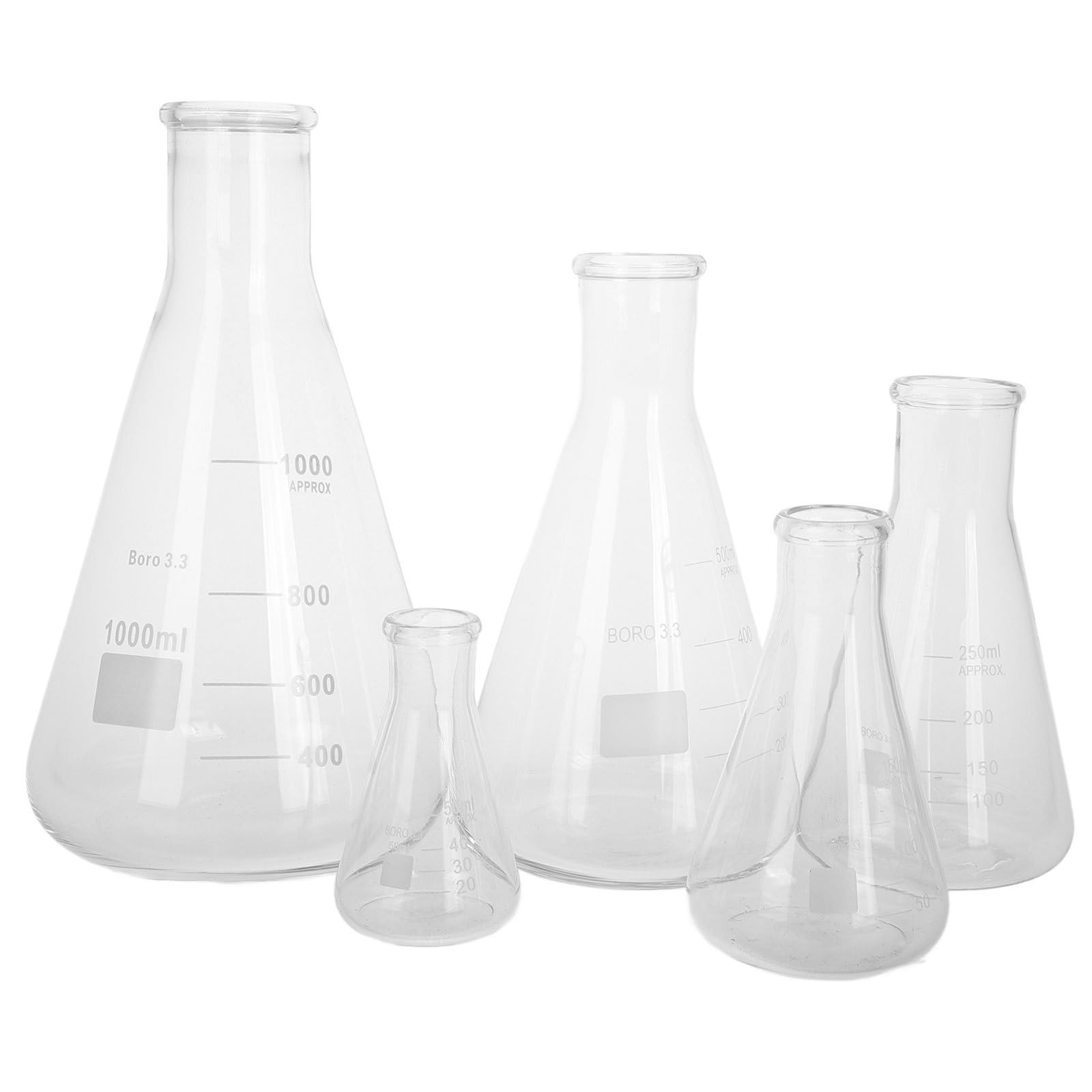 Matraces Erlenmeyer Alta Estabilidad y Fácil Limpieza Juego de 5 de de Borosilicato Base Triangular y Forma Cónica para