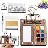 Mini Watercolor Travel Paint Set, Mini Paint Palette Travel Kit Set with Picture Book, Pocket Artist Water Color Travel Set with Colours, Binder Clips, Watercolor Pens, Wooden Paint Box for Painters Artists Students ﻿ (8 Grids)