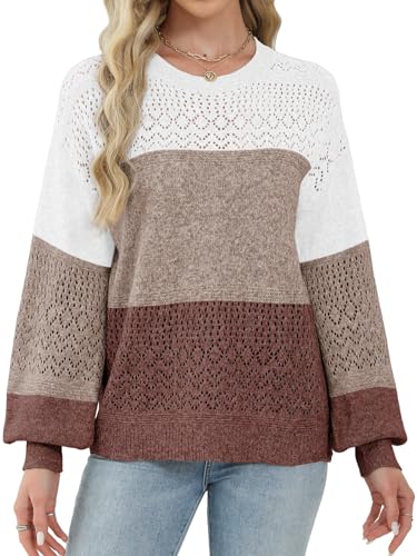 Image of Lylinan Womens Sweaters Casual Boho Long Sleeve Shirts Crewneck Lightweight Crochet Tops Pullover Knit Sweater
