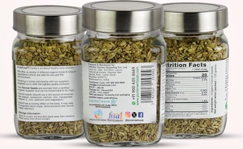 Image of Pure Tree Certified Organic Fennel Seeds | | Glass Jar | Saunf, Variyali | Perumjeerakam Whole Spices Sombu Whole | Fennel Seeds Saunf | Organic Saunf Rich Flavour Sombu - 125 Gm