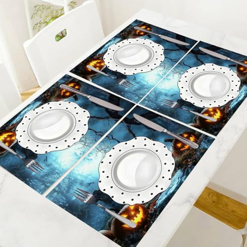 Sets de table lavables Halloween motif lanternes citrouilles bleu clair 8 pcs