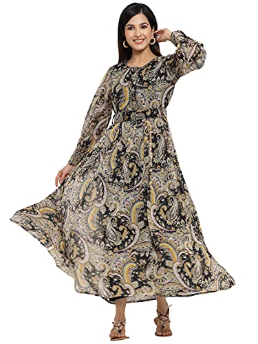 Juniper Black Alphin Chiffon Flared Printed Dress with Tie-up Ble...