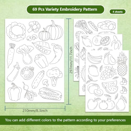 BENECREAT 4 Sheets 69Pcs Vegetable Fruit Water Soluble Embroidery Patterns, 11.7x8.3Inch Stick and Stitch Embroidery Paper Stabilizer for Hand Sewing Lover Beginners