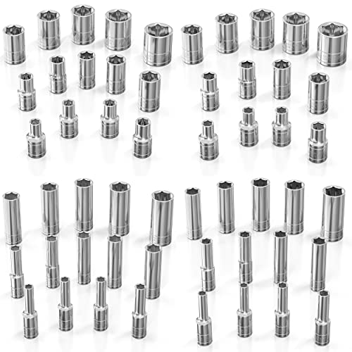 Olsa Tools SAE & Metric Socket Set (54pc) | 1/4-Inch Drive | 6-Point Shallow & Deep Socket Set | Standard Imperial Sizes from 1/8