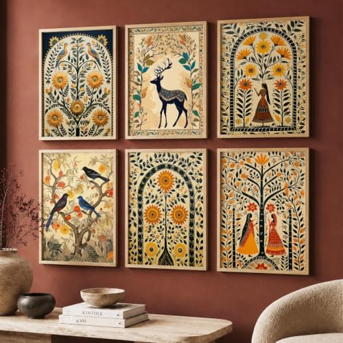 Image of kotart Premium Digital Madhubani Art Paintings with Frame for Home Decor - Framed Painting Living Room Bedroom Office - Wall Decoration - Pack of 6 (14X20 Inch, C)