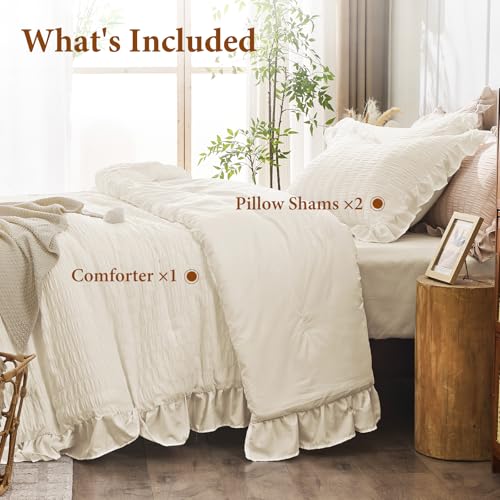 Image of JOLLYVOGUE Oversized Queen Comforter Set, 3 Pieces Ivory Seersucker Comforters, Lightweight & Fluffy Bedding Sets for All Season with 1 Ruffle Comforter and 2 Ruffle Pillowshams