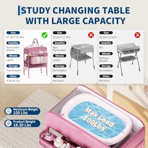 Table à langer anti mal de dos réglable pliable rose pour bébé - 5