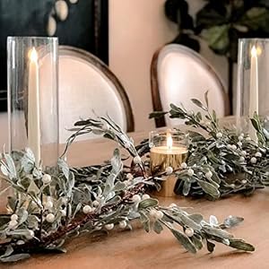 LampLust Frosted Mistletoe Garland with Lights 6 Ft Lighted Garland Flocked Faux Greenery with Pearl Beads 100 LED Lights Battery Powered Timer Included Garland for Mantle Christmas Decorations