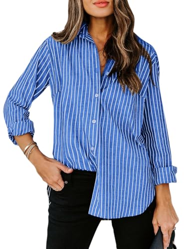 siliteelon Womens Button Down Shirts Cotton Striped Dress Shirt Long Sleeve Collared Office Work Blouses Tops