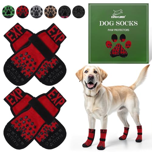 EXPAWLORER Anti Slip Dog Socks to Prevent Licking Paws Dog Booties for Hardwood Floors Pet Paw Protectors with Grippers for Winter Outdoor Dog Boots Shoes for Small Medium Large DogsStars Red M