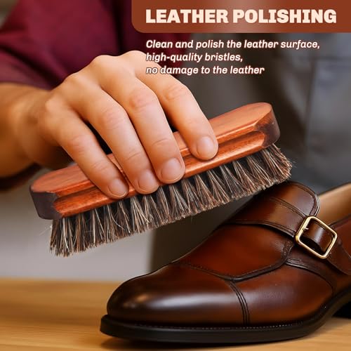 Image of 4 Pcs Horsehair Shine Shoes Brush Kit Polish Dauber Applicators Cleaning Leather Shoes Boots Care Brushes Suede Cleaner Brush with Microfiber Shoe Cloth(Brown Style A)