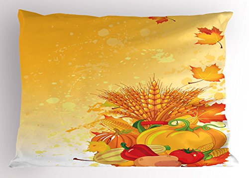 Ambesonne Harvest Pillow Sham, Vivid Group of Vegetables Plump Pumpkins Wheat Fall Leaves, Decorative Standard Queen Size Printed Pillowcase, 30
