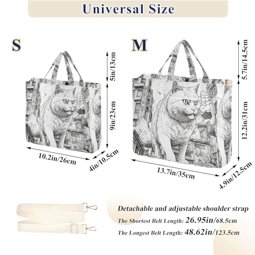 Corduroy Women Tote Bag Huge Cat Drawing Print, Handbag Purses with Detachable Strap Small Size3
