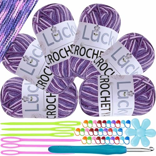 Hilo para tejer a mano, 6 x 50 g, hilo acrílico multicolor degradado para tejer, lana suave para ganchillo, hilo multicolor para tejer ganchillo y manualidades (lila-ombre)