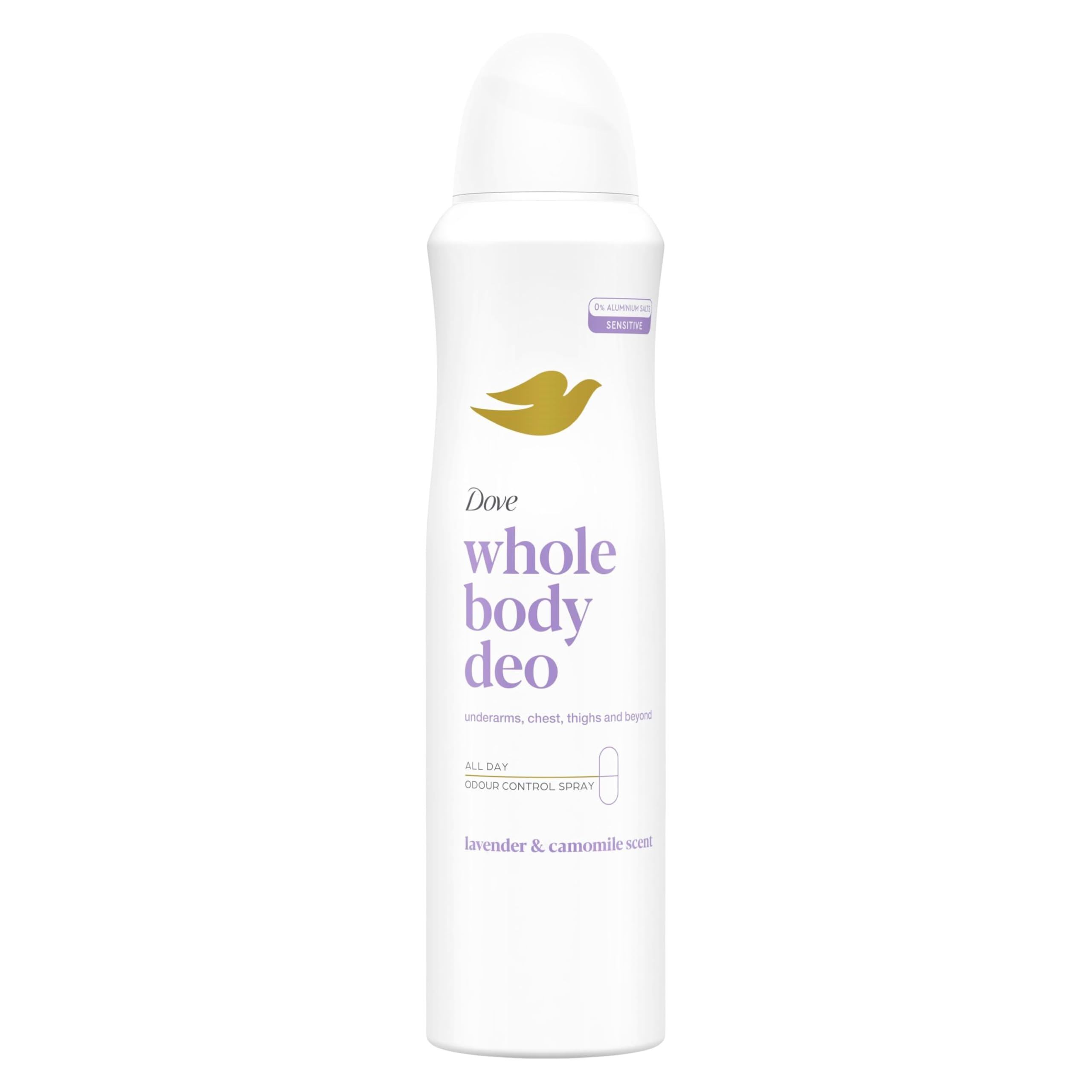 Deodorante Dove Spray Whole Body Deo 150ml, Deodorante per tutto il Corpo, Profumo di Lavanda e Camomilla, Protezione dagli odori fino a 72 ore, Dermatologicamente Testato, Formula Antimacchie