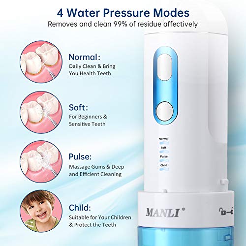 Water Power Flosser, MANLI Professional Cordless Dental Oral Irrigator, Power Dental Flossers, USB Rechargeable, Ipx7 Waterproof & 4 Modes for Travel, Home and Family Use