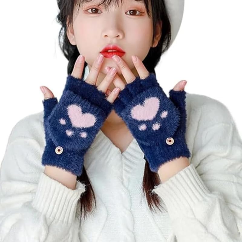 Half Finger Winter Gloves for Women and Men Soft Plush Angora Wool Knitted Mitten Short Glove Girls Boys Woolen Fingerless Warm Winter Hand Gloves (Navy Blue)-image-9