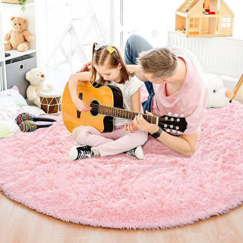 ISEAU Fluffy Round Rug Carpets, Modern Shaggy Circle Rug for Kids Bedroom Extra Comfy Cute Nursery Rug Small Circular Carpet for Boys Girls Room Home Decor Area Rug, 4ft Rugs, Pink