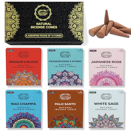 raajsee Natural Incense Cones 6 Pack Mixed Scents Gift pack 15 pc Each (90 Total) Insense Cones Variety Pack 100% Organic Non Toxic Natural - Hand rolled free from Chemicals (PACK 2)