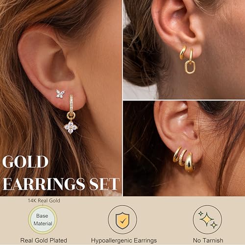 Jstyle Small Gold Hoops Earrings for Women 14K Gold Plated Huggie Hoop Earrings Lightweight Hypoallergenic Stud Earrings Set with Cubic Zirconia Pearl Charm Set-Earrings Stacks for Women No Tarnish3