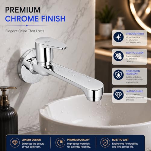 Image of ZAP Brezza Long Body Bib Cock Tap | Full Brass Wall Mounted Faucet for Bathroom & Kitchen Sink | Premium Chrome Finish | Rust Resistant Water Tap with Wall Flange | Long Body Basin Tap