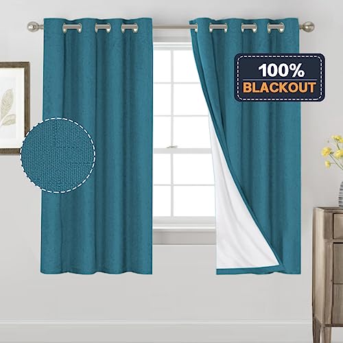 Image of PrinceDeco Blackout Curtains 63 Inch Length Linen Textured 100% Thermal Insulated Curtains with White Liner for Bedroom Sun Blocking Linen Curtains for Living Room, W52 x L63, Set of 2, Blue Sapphire