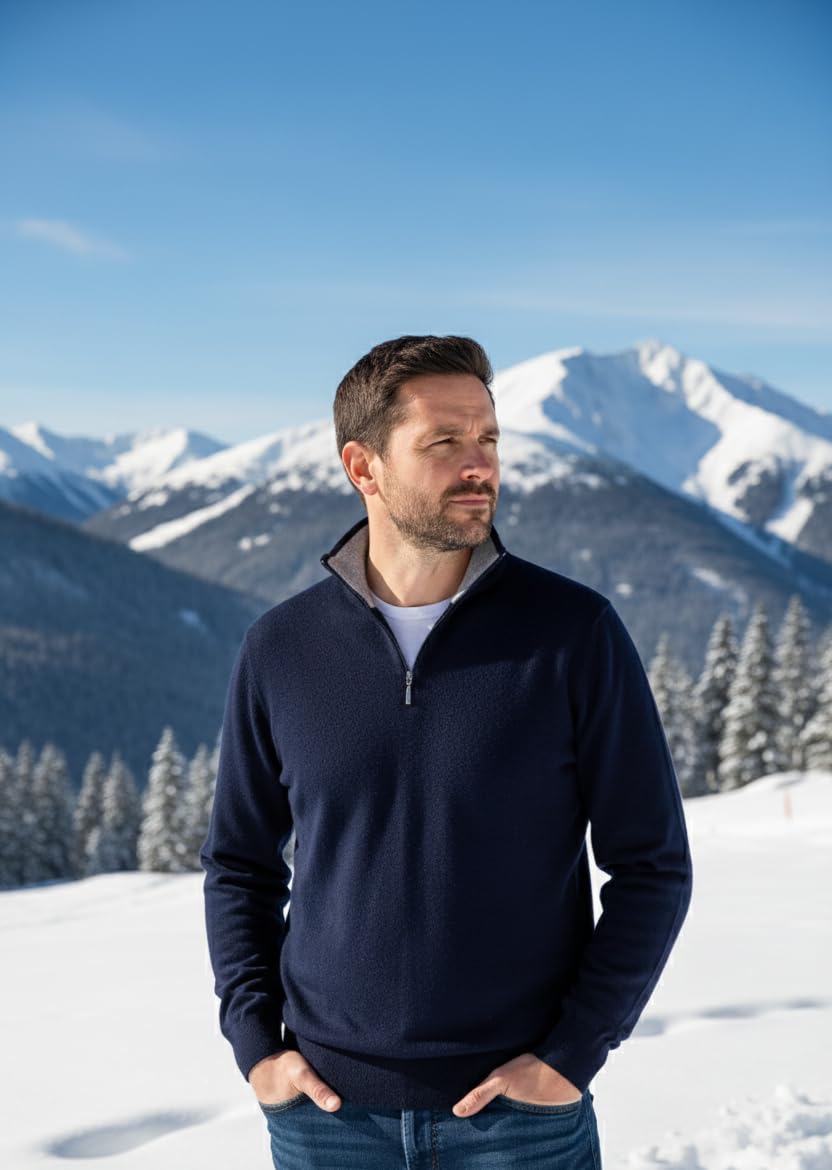 Pull Homme Demi-Zip en Cachemire et Soie mélangés, Made in Italy