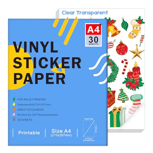 Hochwertiges bedruckbares Vinyl-Aufkleberpapier für Tintenstrahldrucker - A4-Format (297 x 210 mm) Wasserfeste selbstklebende Aufkleber, kompatibel mit Cricut (Transparent, 30 Blätter)