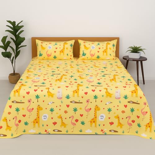 Image of Double Bedsheet - Happy Safari Print, 90 x 100 Inch Brushed Microfiber Flat Sheet with Pillow Covers - Soft, Cooling & Wrinkle Resistant
