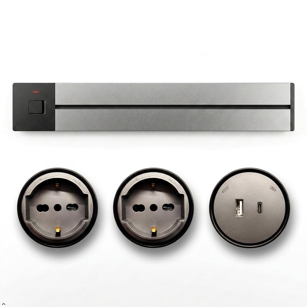 gloca Presa a Binario da Parete 25A 110-240V 6250W | Multi Presa Elettrica Scorrevoli con 2 Schuko e 1 USB-A+C 12W | Binario Modulare Cucina Ufficio (Grigio Metallizzato, 50 cm)