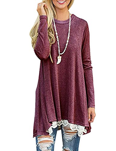 Women's Crew Neck Long Sleeve Lace Splicing Swing Shirt Dresses Long Tunic Blouses Shirts for Leggings Wine