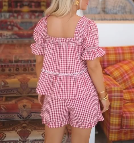 Image of ROAONOCOMO Women Floral Pajama Set Ruffle Puff Sleeve Peplum Shirt Coquette Pj Set Bow Babydoll 2 Piece Shorts Outfit