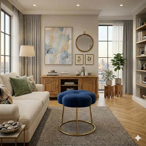 Image of Flower Ottoman Foot Stool for Bedroom and Living Room, Round Makeup Vanity Chair with Metal Legs and Soft Padded Seat-Blue