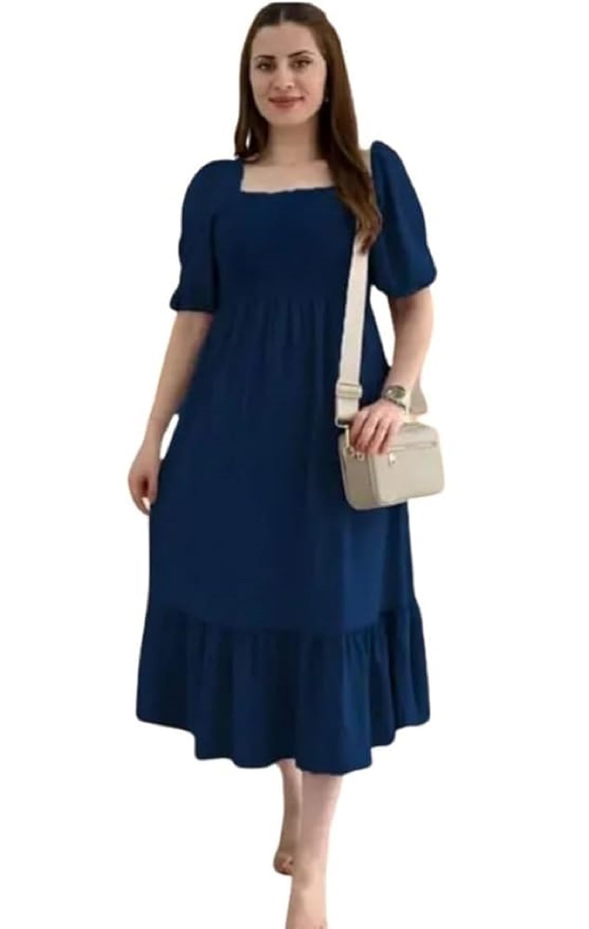 Women's Cotton Square Neck Half Sleeve Gown | Elegant Midi Dress for Party, Wedding Soft, Comfortable & Stylish Womens Solid Gown-image-47