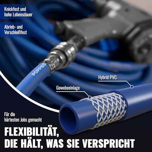 Poppstar Druckluftschlauch 10 m (Hybrid PVC mit Gewebe, Innendurchmesser 9,2mm mit Schnellkupplung & Kupplungsstecker) bis 20 bar, blau